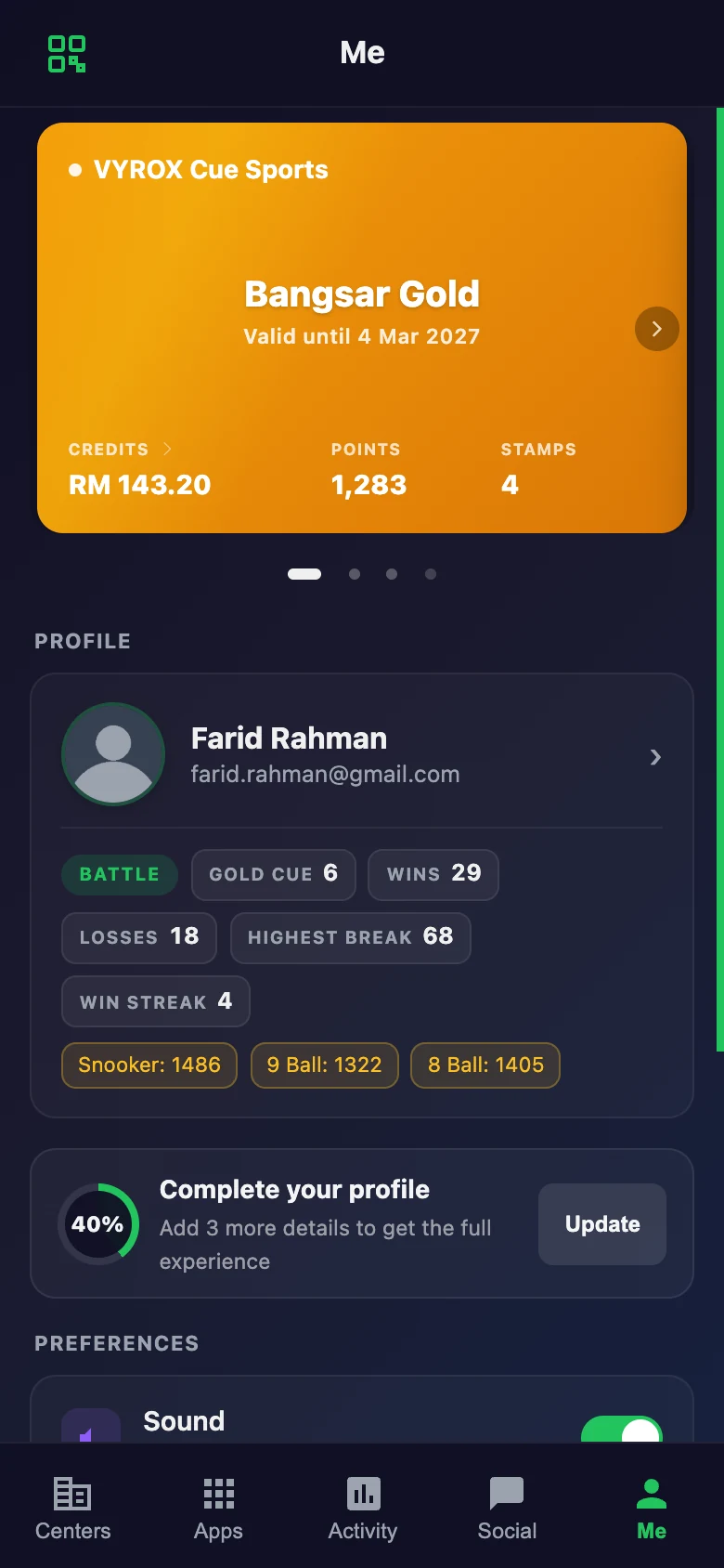 Member card with tier and balance in the Snooker King member app