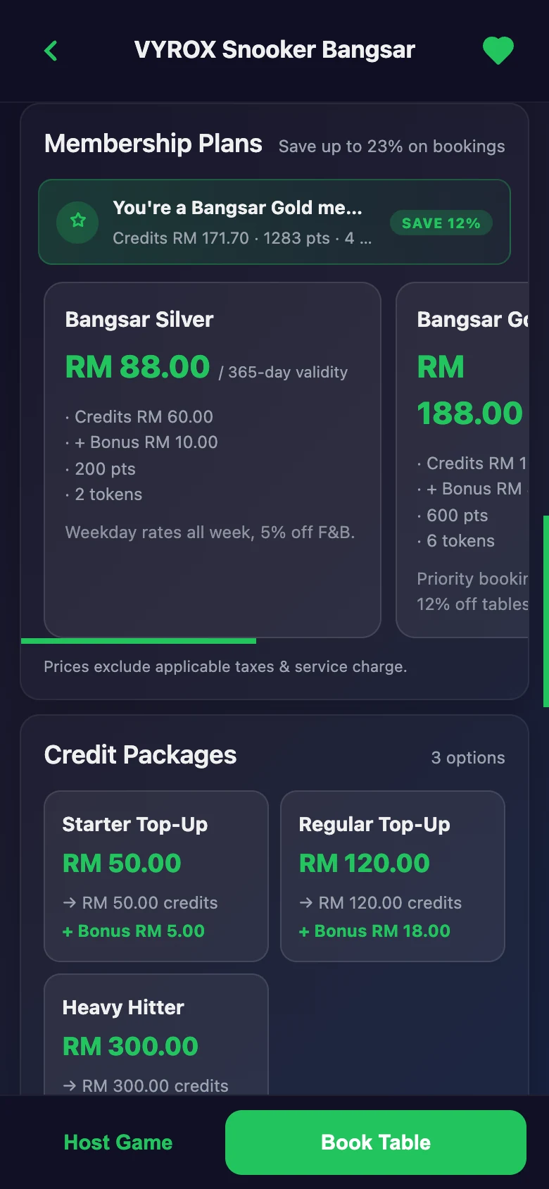 Membership plans in the Snooker King member app