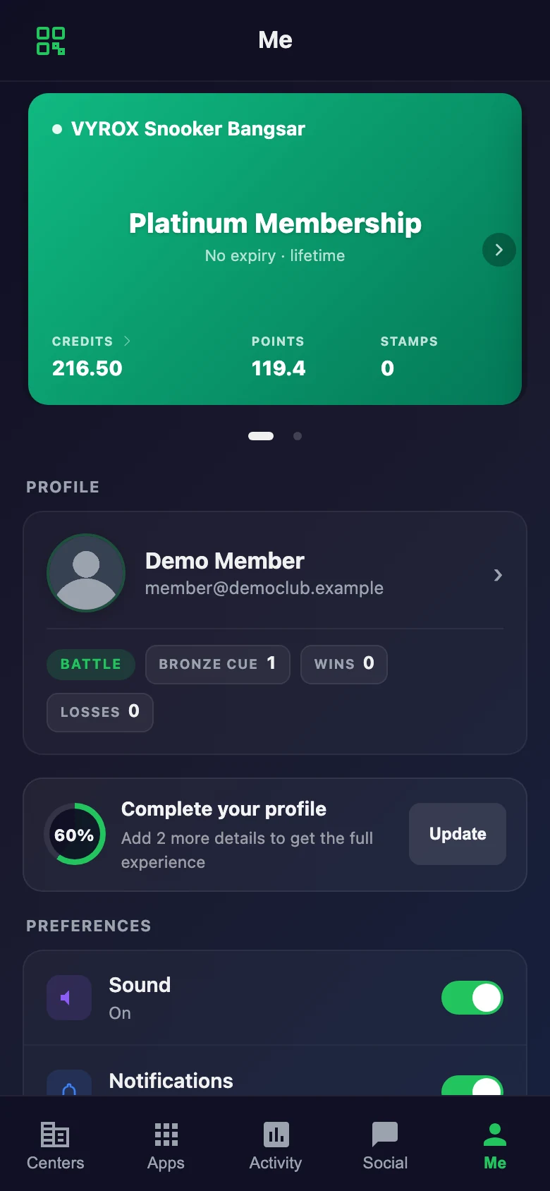 Member account in the Snooker King member app
