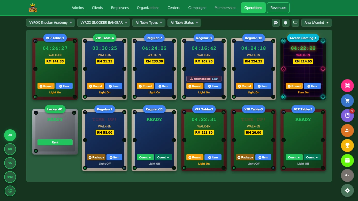 Live table grid in the Snooker King counter console